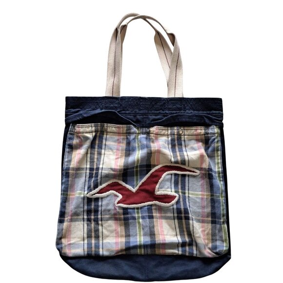 Hollister Handbags - Hollister Blue Canvas Plaid Tote Bag With Red Logo & Cream Straps Y2K Preppy